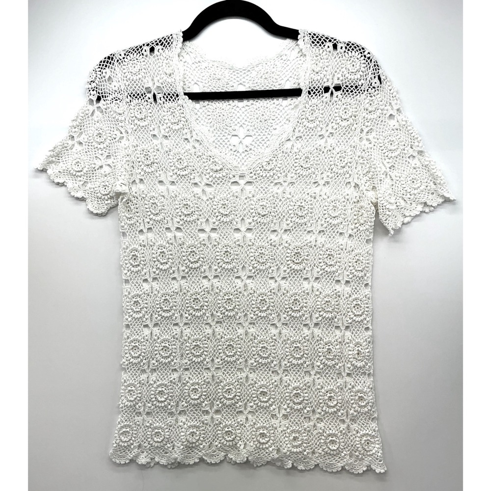 Womens Crochet Lace Top Ivory Floral Short Sleeve Boho Cottagecore Sz S/M